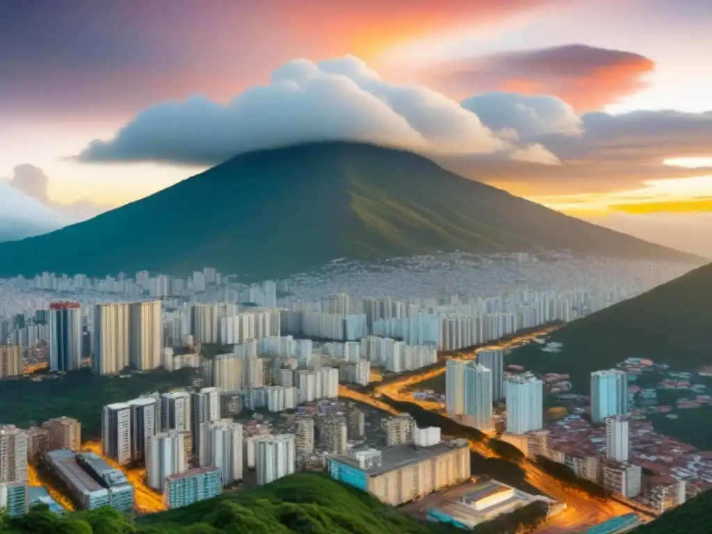 Caracas: fusión futurista de historia y modernidad Una ciudad futurista de Caracas, Venezuela, mezclando arquitectura tradicional con rascacielos modernos