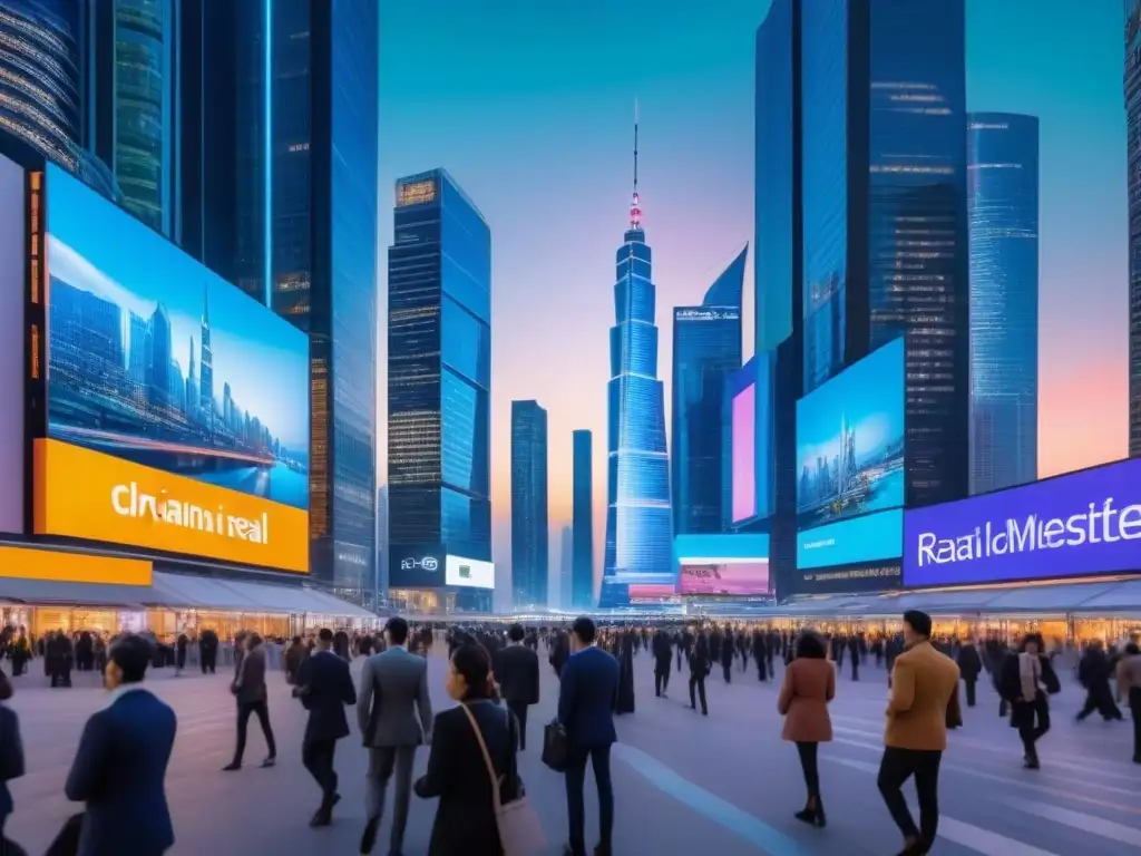 Metrópolis futurista: real estate digital en mercado emergente Una ciudad futurista vibrante al atardecer con Plataformas PropTech en mercado inmobiliario
