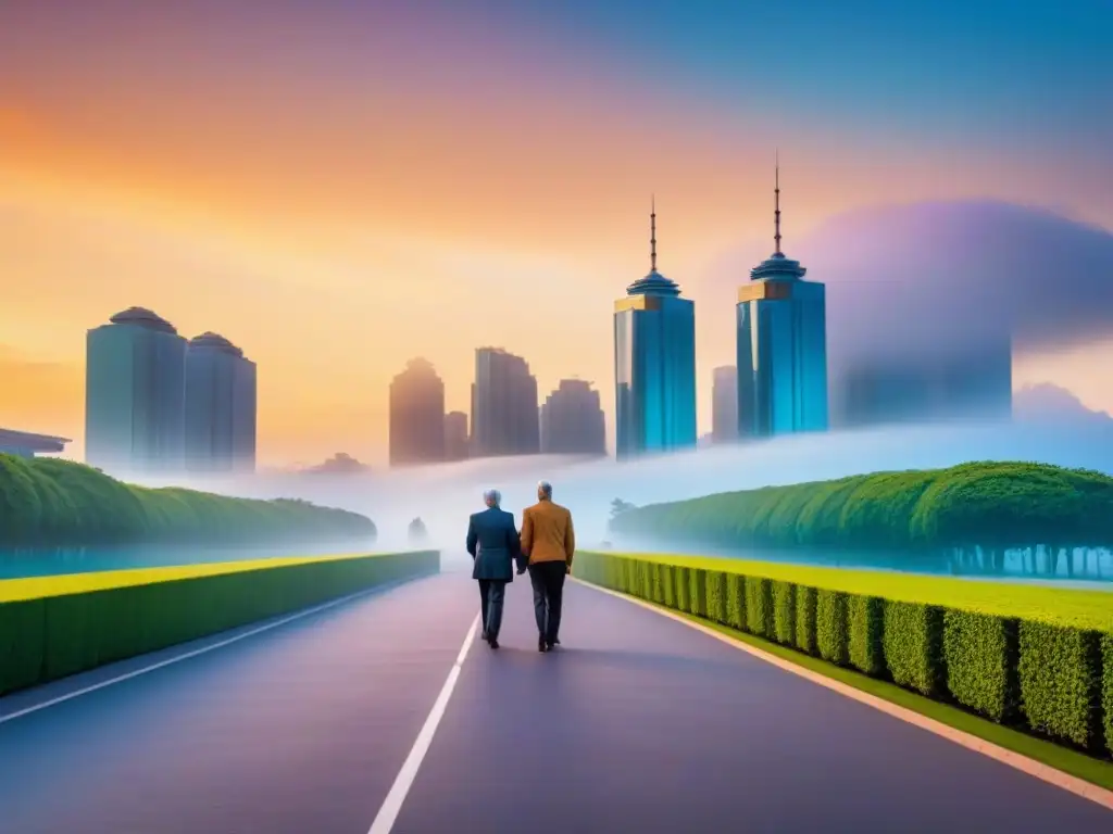 Urbanismo innovador: armonía entre modernidad y vejez Una ciudad futurista vibrante al atardecer, con innovadores rascacielos y avanzada tecnología