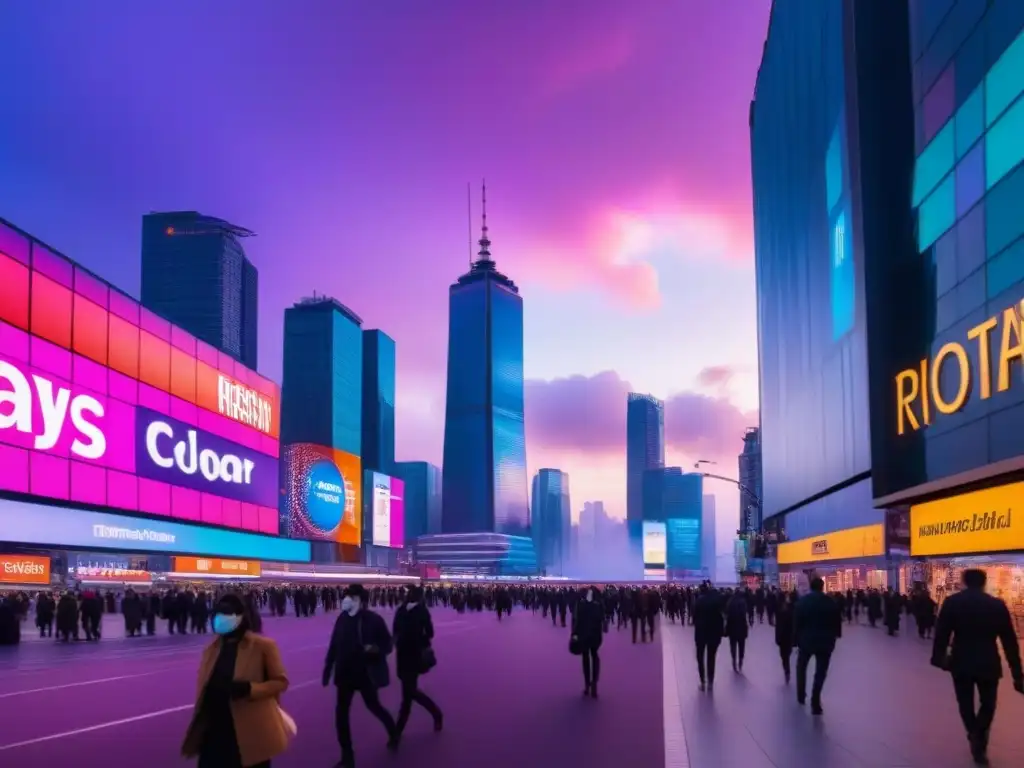 Metrópolis futurista: Resiliencia y adaptación en la era postCOVID Una ciudad futurista y vibrante al anochecer, reflejando innovación y adaptación post COVID en el mercado tiempo compartido