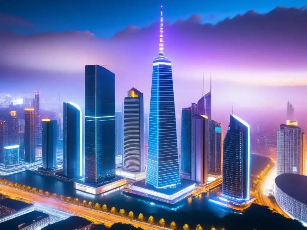 Metrópolis futurista: tecnología avanzada en gestión de tiempos compartidos Una ciudad futurista y vibrante de noche, con rascacielos iluminados y pantallas digitales mostrando gráficos financieros