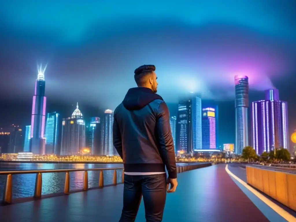 Cityscape futurista: luces y rascacielos de lujo Una ciudad futurista y vibrante de noche, con rascacielos iluminados y un lujoso hotel en el centro