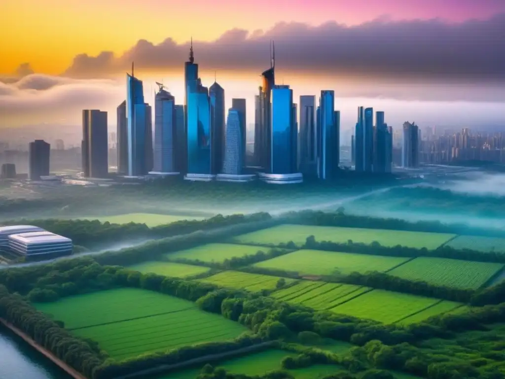 Metrópolis futurista en atardecer dorado: real estate y fusiones Una ciudad futurista vibrante con rascacielos en un atardecer dorado, reflejando crecimiento y progreso