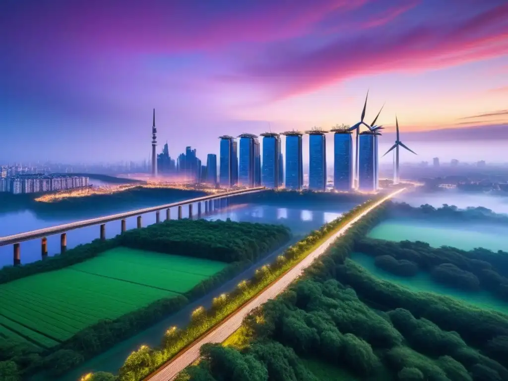 Horizonte ecoamigable: ciudad futurista entre naturaleza y tecnología Una ciudad futurista vibrante al anochecer, con rascacielos ecológicos, vegetación exuberante, paneles solares y turbinas eólicas