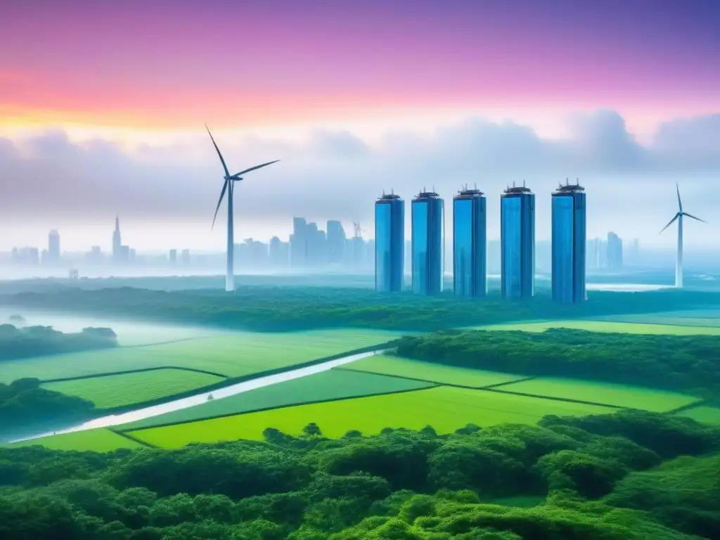 Metrópolis futurista sostenible: armonía entre urbanismo y naturaleza Una ciudad futurista y vibrante con rascacielos sostenibles, rodeada de naturaleza y energía renovable