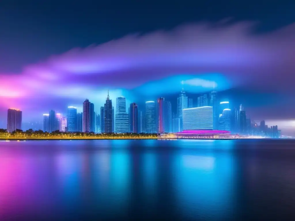 Horizonte urbano futurista y vibrante al anochecer Una ciudad futurista vibrante al anochecer, con rascacielos iluminados por luces de neón, reflejándose en el agua