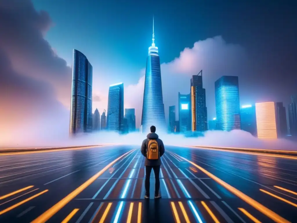 Metrópolis futurista: mercado inmobiliario global y tecnología avanzada Una ciudad futurista vibrante con rascacielos y tecnología avanzada, fusionando arquitectura tradicional y diseño vanguardista