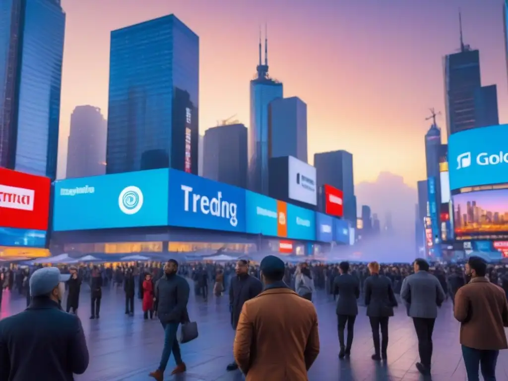 Metrópolis futurista: real estate con hologramas y drones Una ciudad futurista vibrante al anochecer con rascacielos iluminados y anuncios digitales
