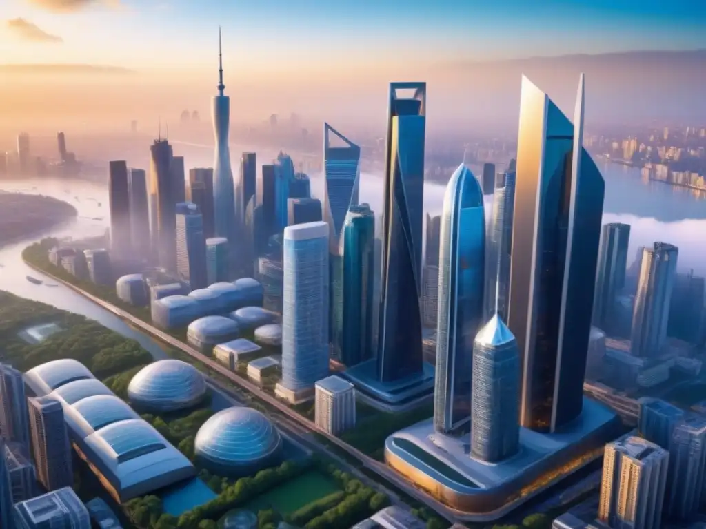 Metrópolis futurista: innovación y conectividad en PropTech Una ciudad futurista vibrante con rascacielos elegantes y tecnología avanzada, bañada por la luz del atardecer