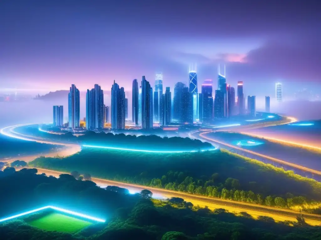 Metrópolis futurista 8k: skyline vibrante y sostenible Una ciudad futurista vibrante con rascacielos, transporte avanzado y espacios verdes integrados