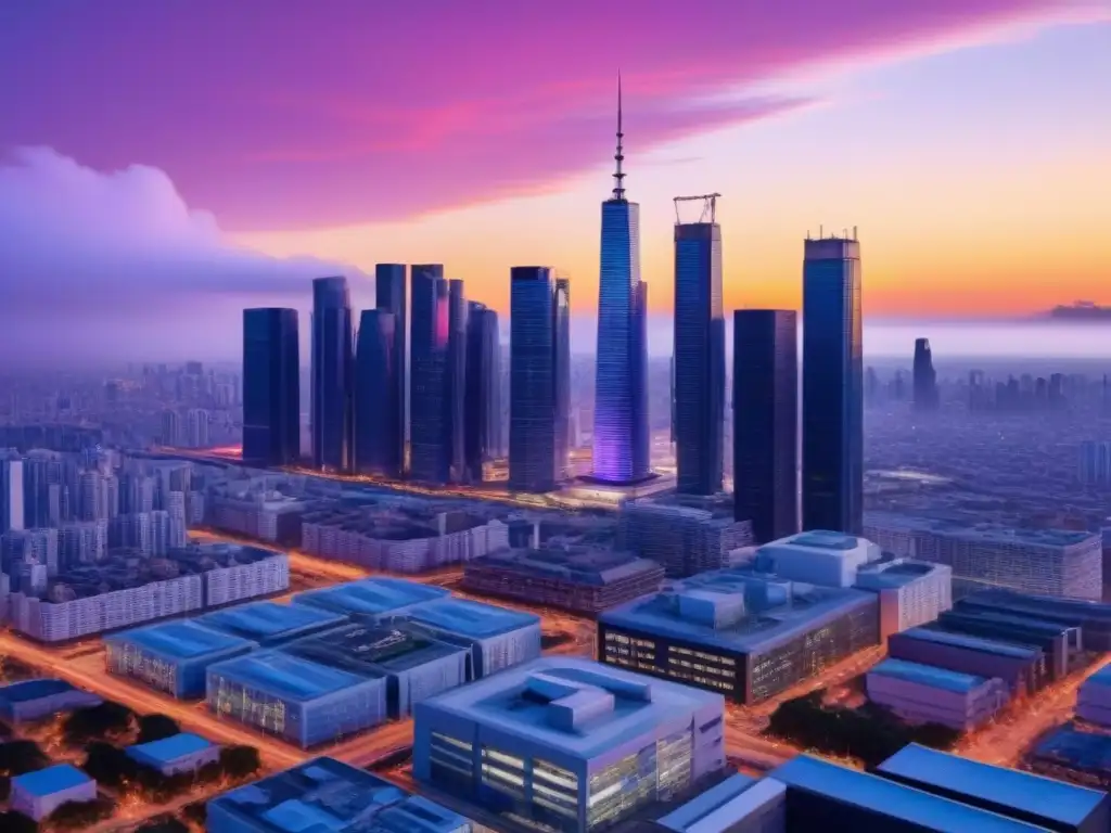 Metropolis futurista al atardecer: innovación y progreso urbano Una ciudad futurista vibrante al anochecer, con rascacielos elegantes y fachadas de vidrio iluminadas por el sol