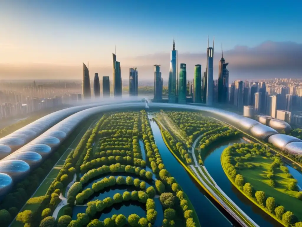 Metrópolis futurista: fusión de tecnología y naturaleza Una ciudad del futuro: rascacielos, espacios verdes y tecnología avanzada en perfecta armonía