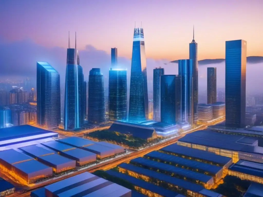 Innovación inmobiliaria: transacciones seguras con blockchain La ciudad del futuro al anochecer con rascacielos iluminados y transacciones inmobiliarias en tiempo real aseguradas por tecnología blockchain