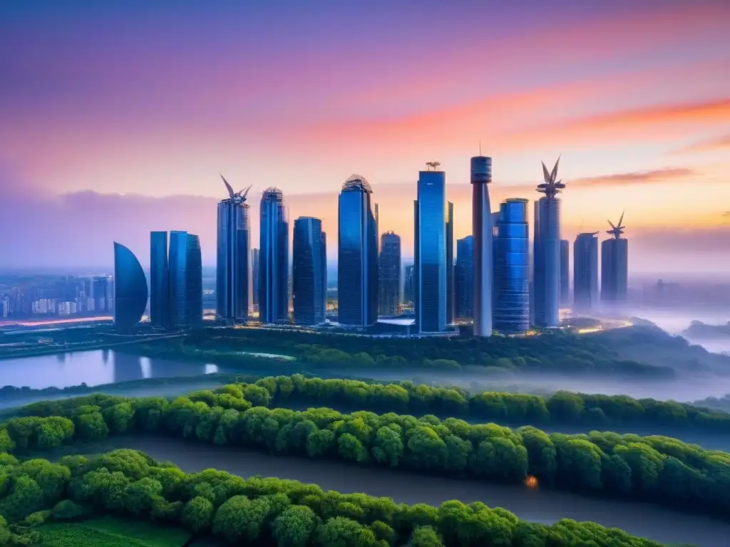 Horizonte sostenible del futuro: rascacielos ecoeficientes al atardecer La ciudad del futuro con rascacielos sostenibles certificados LEED y BREEAM, rodeados de energías renovables y vegetación exuberante