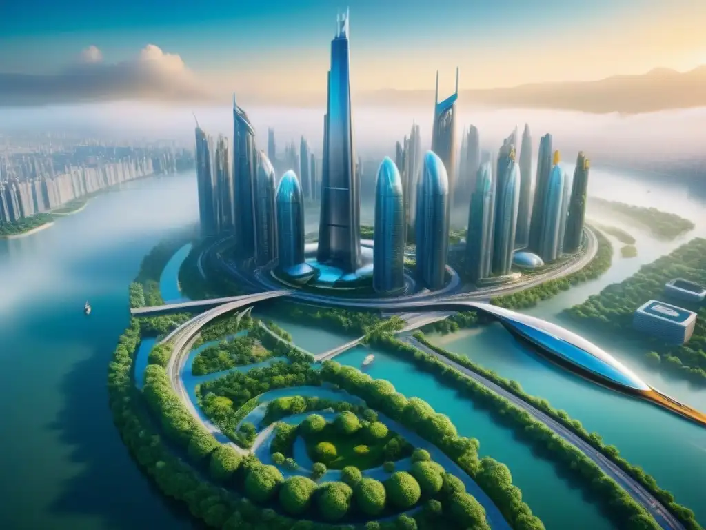 Metrópolis Futurista: Innovación y Naturaleza en Armonía Una ciudad del futuro donde tecnologías emergentes y naturaleza se fusionan en perfecta armonía, destacando la inversión en terrenos sin desarrollar