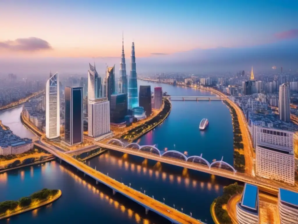 Metrópolis global al atardecer: luces y negocios inmobiliarios Una ciudad global en crecimiento con rascacielos y edificios modernos, reflejando las oportunidades de Estrategias M&A inmobiliario internacional
