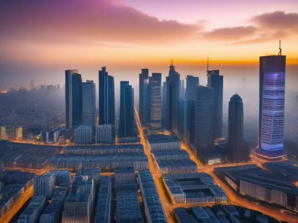 Inversiones internacionales: Ciudad moderna en crecimiento Invierte bien: ciudad global con rascacielos y vida urbana vibrante bajo un atardecer dorado