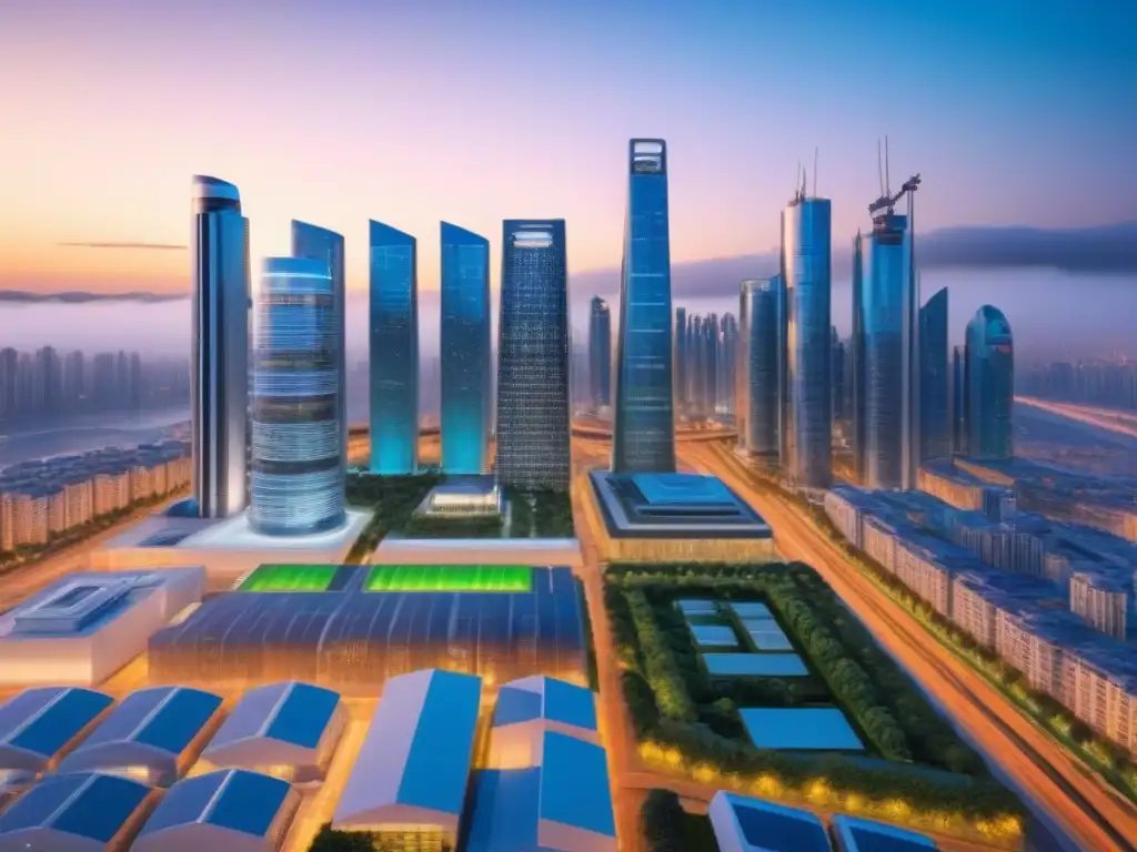 Smart city futurista: tecnología y naturaleza conectadas Una ciudad inteligente futurista al anochecer, con rascacielos IoT, naturaleza integrada, autos autónomos y drones