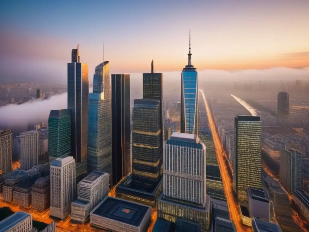 Horizonte urbano al atardecer: mezcla de modernidad y tradición Una ciudad internacional bulliciosa al atardecer con rascacielos modernos y edificios históricos, destacando un desarrollo inmobiliario futurista