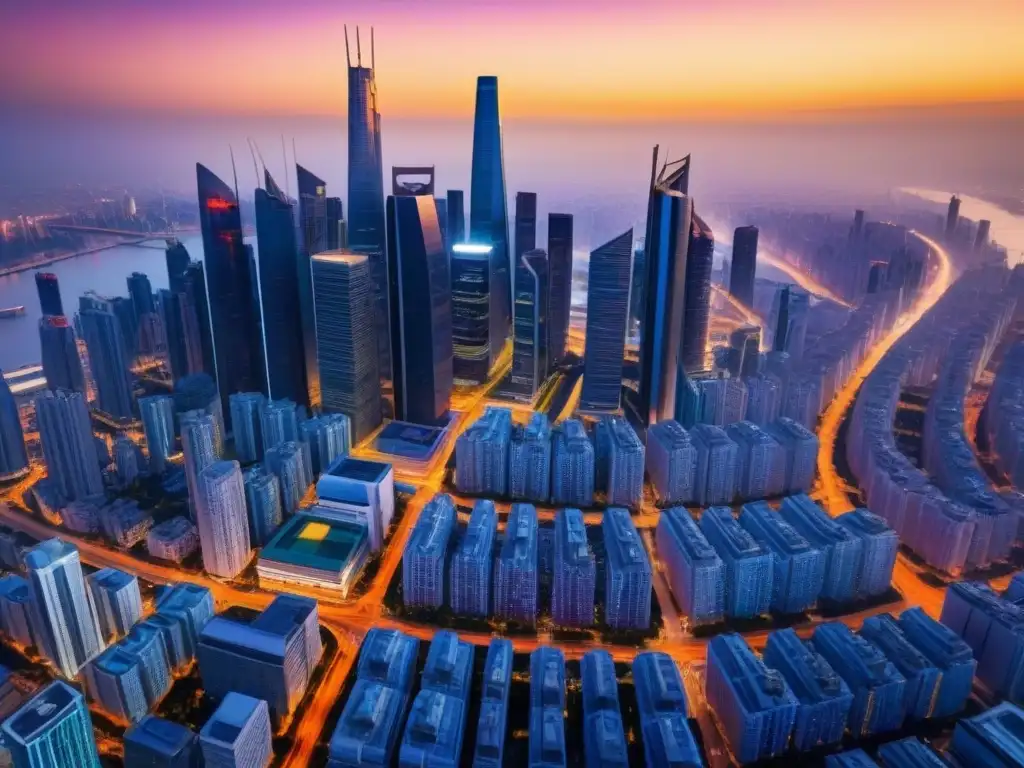 Metrópolis futurista: atardecer vibrante en skyline global 8k Una ciudad internacional futurista en atardecer vibrante, uniendo naturaleza y tecnología