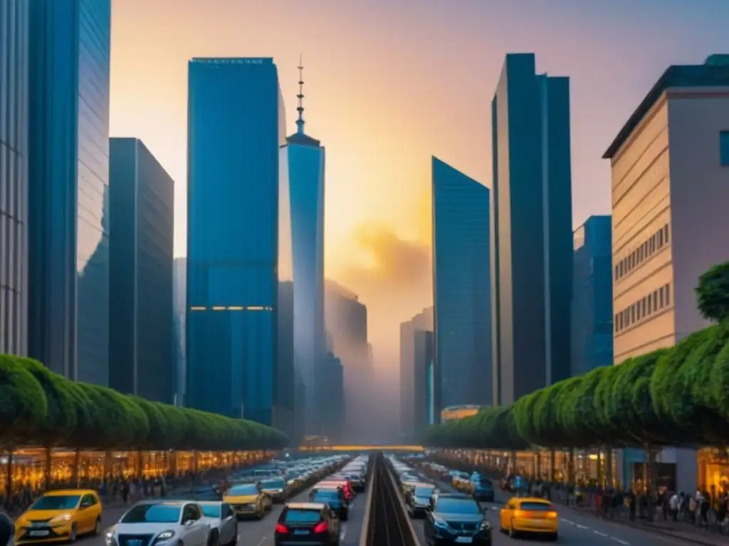 Skyline dorado: distrito financiero en ciudad latinoamericana Una ciudad latinoamericana con mercados inmobiliarios estables destaca por su moderna arquitectura y actividad económica bajo un atardecer dorado