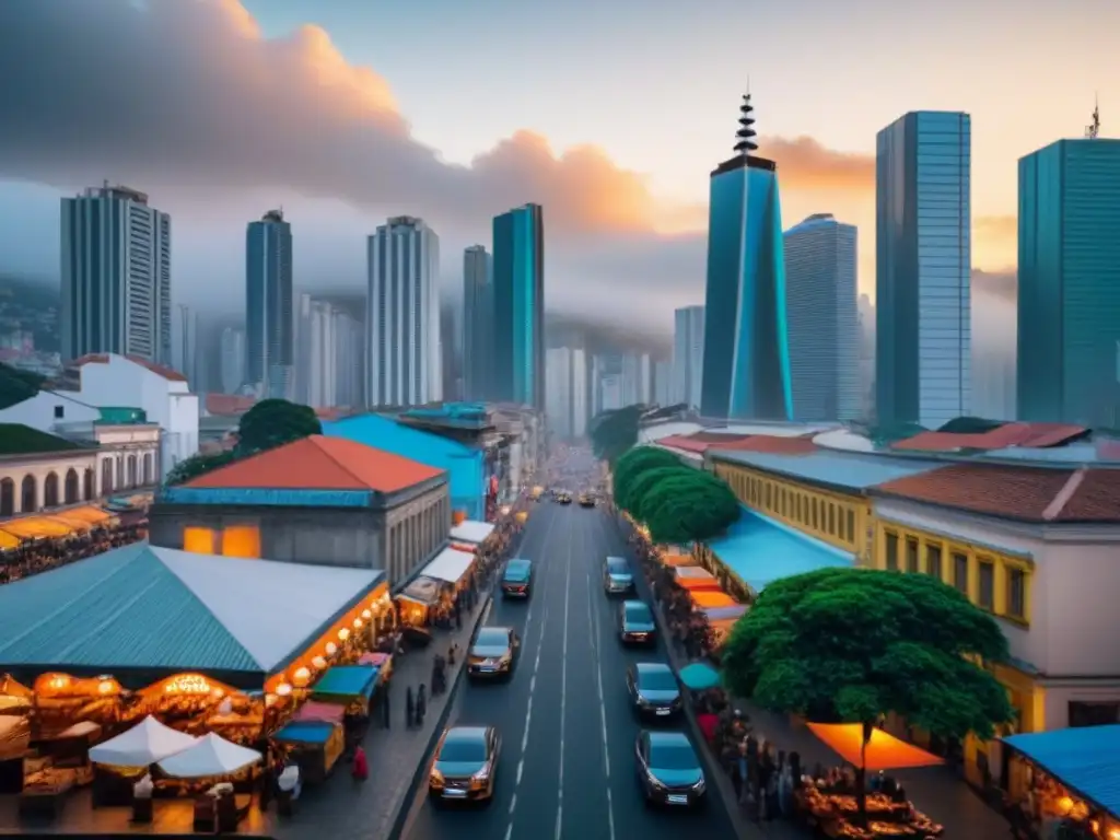 Metrópolis latinoamericana: mercado callejero y rascacielos Una ciudad latinoamericana vibrante con rascacielos modernos y arquitectura colonial
