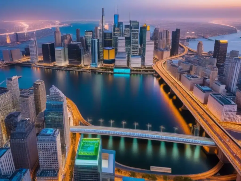 Metrópolis nocturna: dinamismo y oportunidad en inversión inmobiliaria Una ciudad metropolitana vibrante de noche, con rascacielos iluminados por luces neón