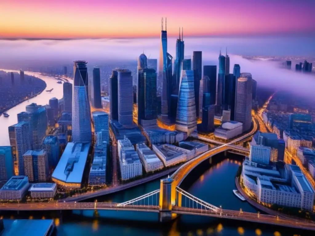 Brillo urbano al atardecer: metrópolis vibrante y moderna Una ciudad metropolitana vibrante al anochecer con rascacielos, puentes iluminados y calles llenas de tráfico