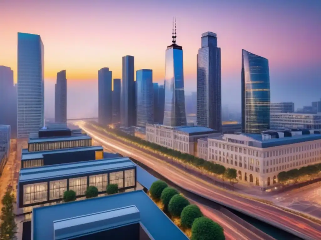 Oportunidades inmobiliarias: ciudad moderna al atardecer Una ciudad moderna al atardecer, fusionando arquitectura histórica y rascacielos iluminados por un vibrante atardecer