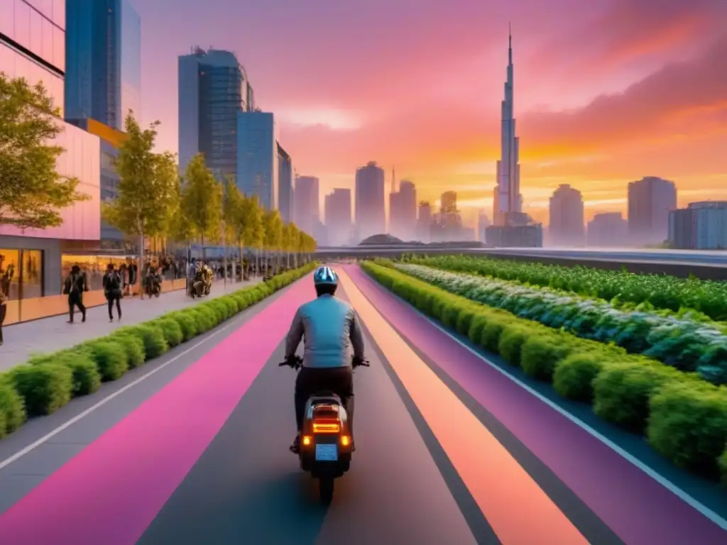 Futuro sostenible: ciudad moderna y verde al atardecer Una ciudad moderna al atardecer con desarrollos urbanos sostenibles y un paisaje futurista de arquitectura verde