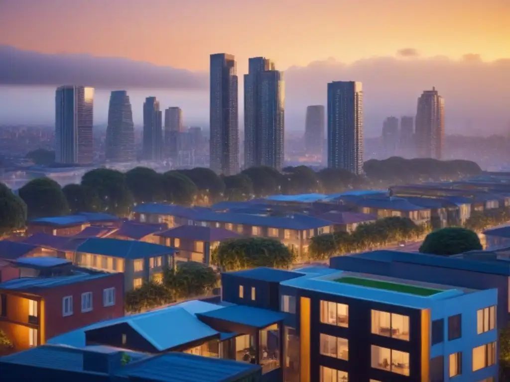 Skyline urbano al atardecer: ciudad moderna y vibrante Una ciudad moderna al atardecer, con rascacielos iluminados por el sol y una calle urbana llena de vida