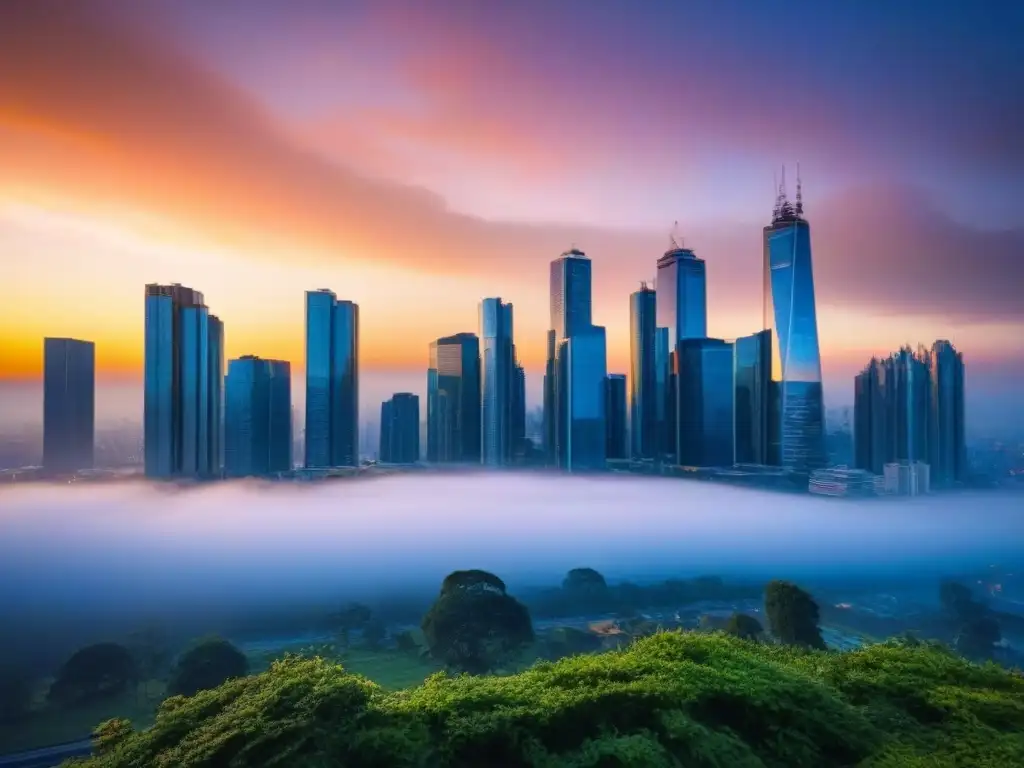 Horizonte urbano al atardecer: seguridad y sofisticación en la ciudad Una ciudad moderna al atardecer, con rascacielos iluminados por la cálida luz dorada del sol