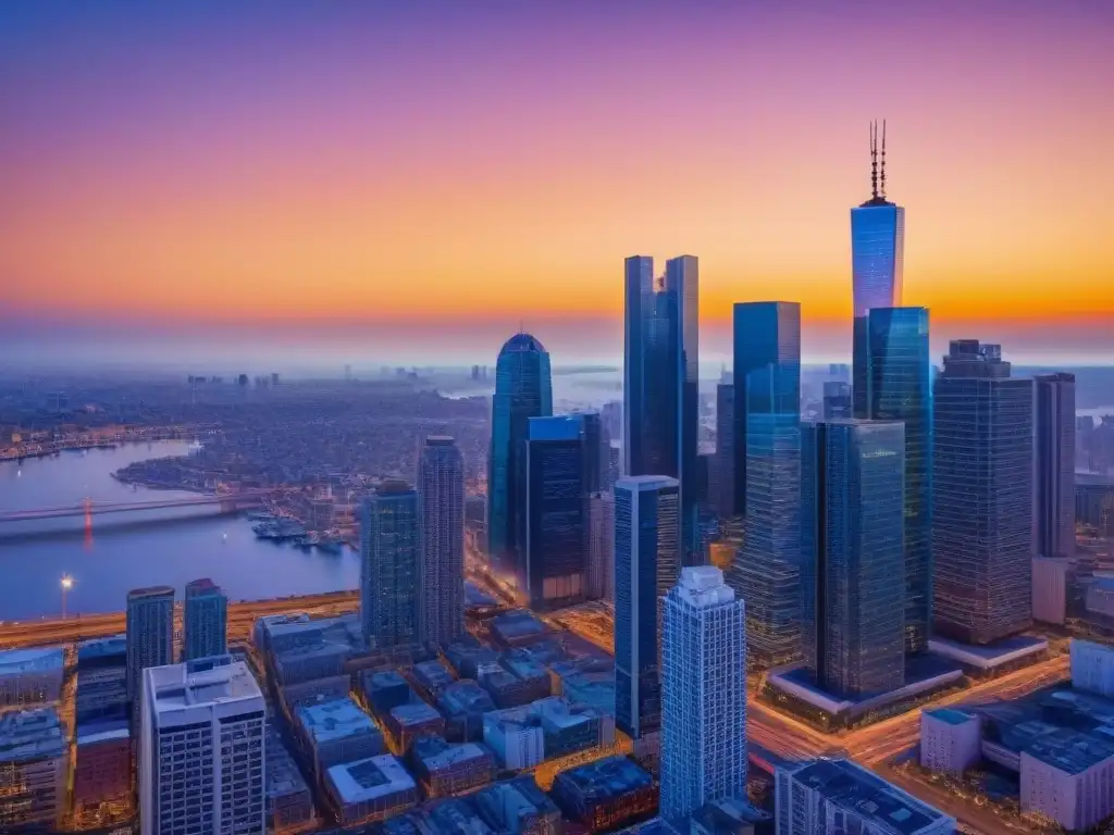 Horizonte urbano vibrante al atardecer: luces, diversidad y modernidad Una ciudad moderna bulliciosa al atardecer con rascacielos, calles llenas de gente diversa y luces vibrantes