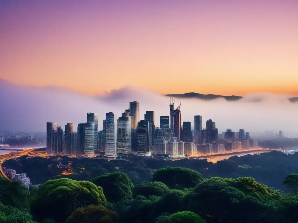 Contraste urbano al anochecer: modernos rascacielos iluminados en la ciudad La ciudad moderna se ilumina al anochecer, resaltando el contraste entre lo urbano y lo natural