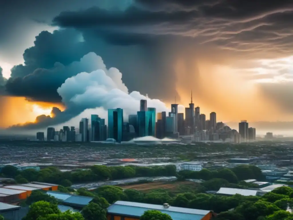 Horizonte urbano futurista: edificios resilientes ante la adversidad Ciudad moderna con edificios futuristas postdesastres, ante nubes tormentosas se abre un rayo de sol