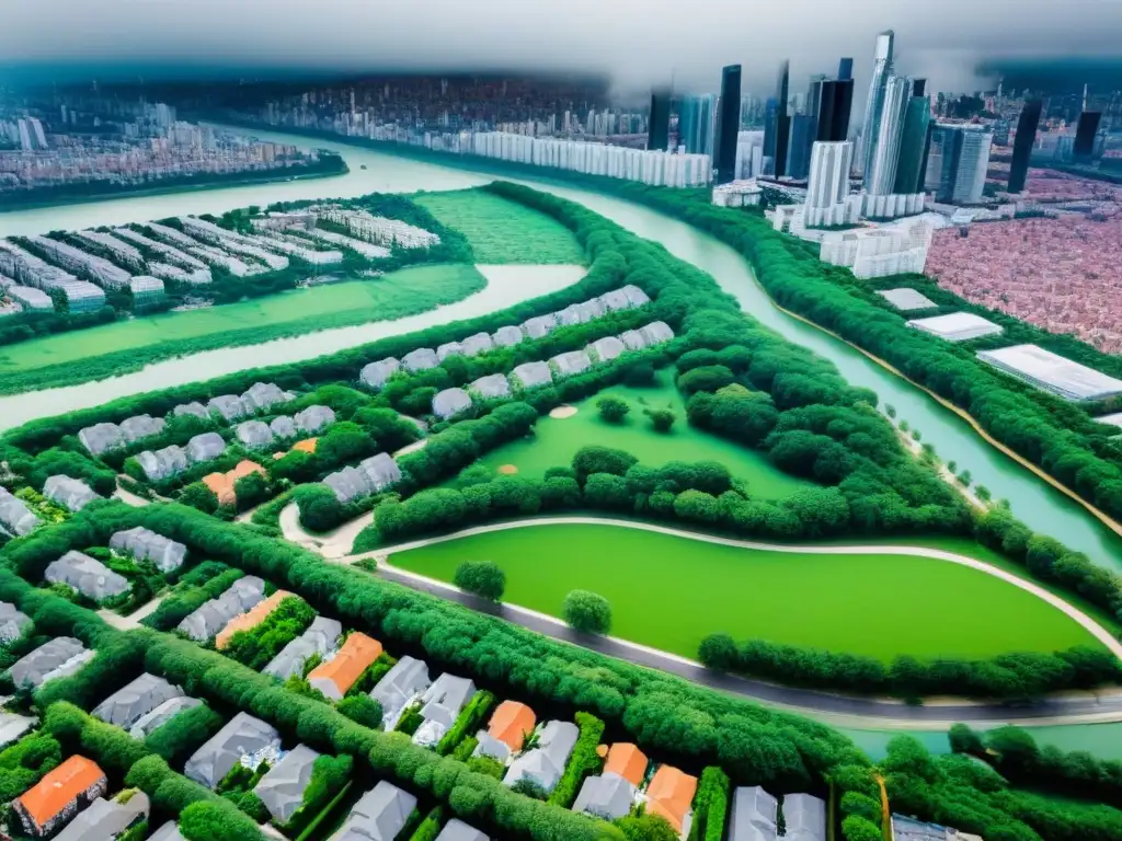 Vibrante mercado inmobiliario: oasis urbano en la ciudad Una ciudad moderna con edificios únicos, terrazas y parques verdes, reflejando la inversión en propiedades de alquiler