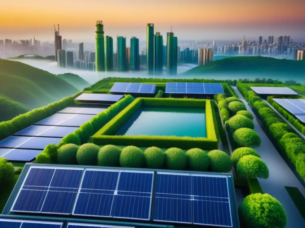 Skyline verde del futuro: arquitectura eco sostenible en la ciudad Una ciudad moderna con edificios verdes futuristas y tradicionales, iluminada por el sol al atardecer