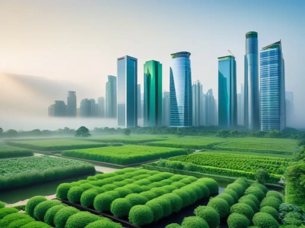 Skyline verde: arquitectura ecofriendly y sostenible en la ciudad Una ciudad moderna con edificios verdes futuristas y energías renovables, reflejando el impacto de políticas ambientales en la inversión inmobiliaria
