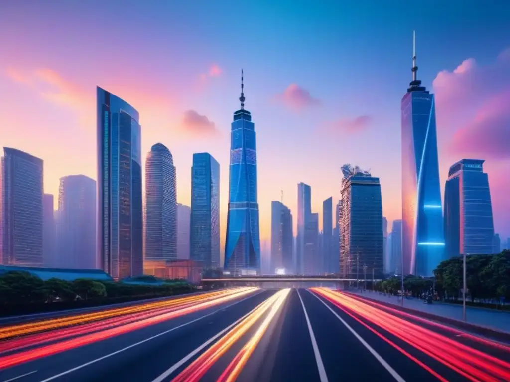 Futurista ciudad nocturna: luces vibrantes y diversidad Una ciudad moderna iluminada por luces vibrantes, llena de energía y conectividad global