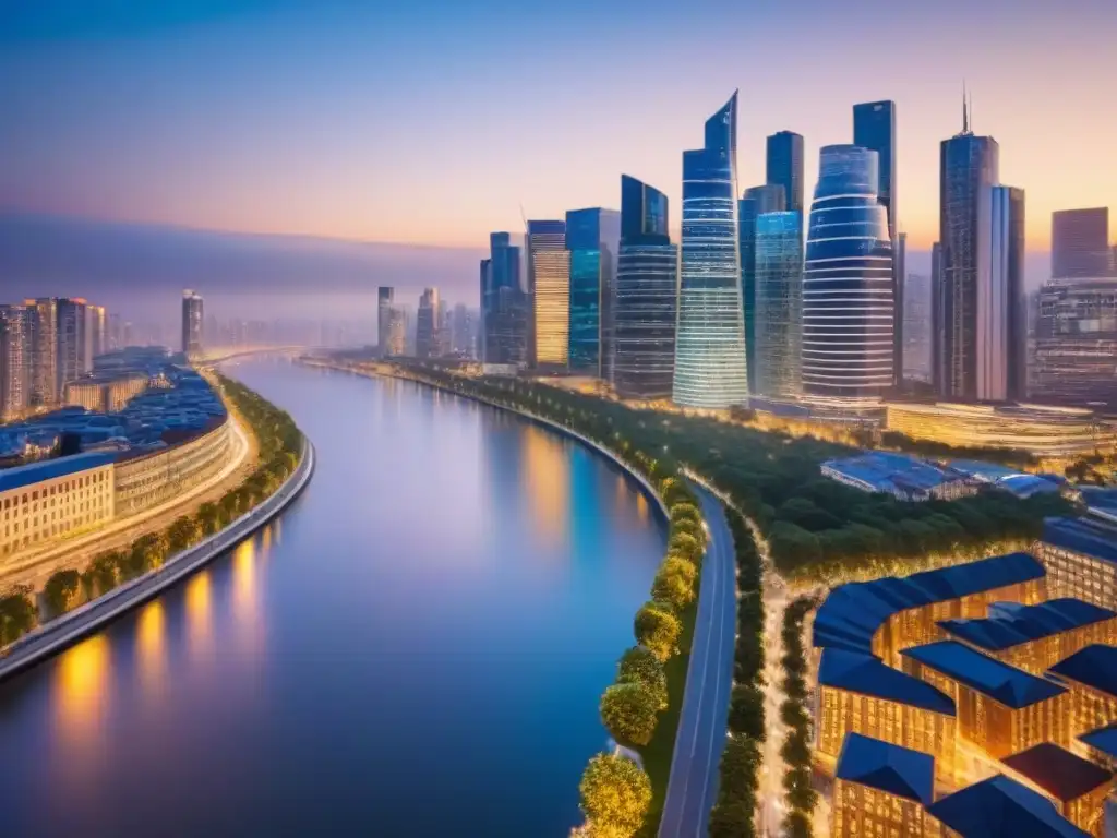 Inversión inmobiliaria: Oportunidades premium en ciudad moderna Una ciudad moderna iluminada por la noche, reflejos en el río