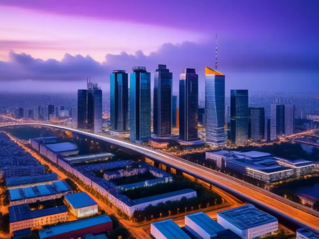 Metrópolis brillante: luces y movimiento al atardecer Una ciudad moderna iluminada al anochecer, con rascacielos brillantes y carreteras llenas de tráfico