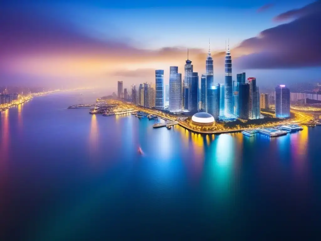 Metrópolis global: luces y agua en un atardecer vibrante Una ciudad moderna iluminada al anochecer, reflejada en el agua, simbolizando la inversión inmobiliaria global y los riesgos geopolíticos