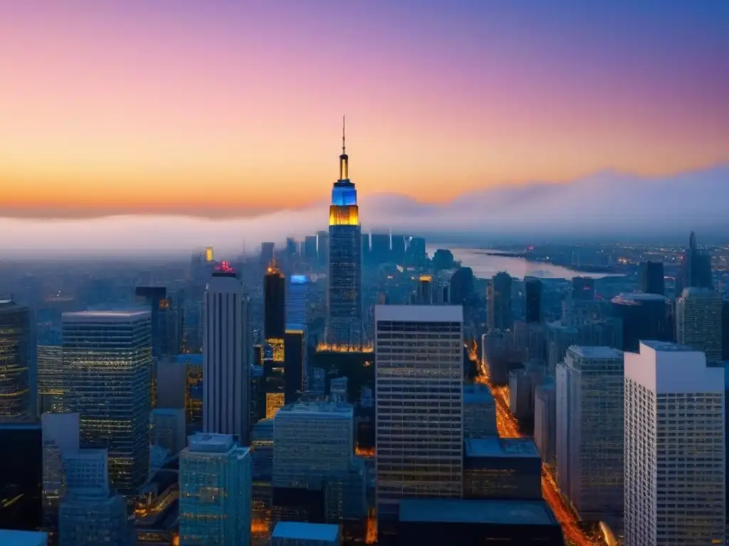 Horizonte urbano moderno al atardecer: inversión inmobiliaria global Una ciudad moderna llena de rascacielos al atardecer, reflejando la luz del sol