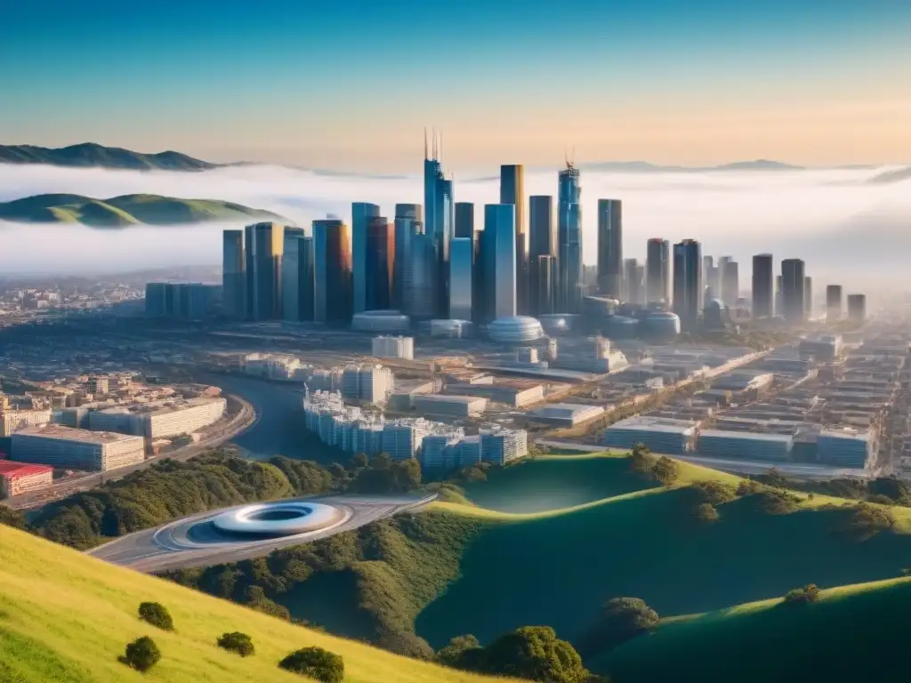 Horizonte urbano futurista con seguridad sísmica avanzada Una ciudad moderna con normativas seguridad antisísmica inversión internacional, edificios futuristas y paisaje natural armonioso