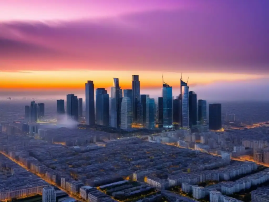 Una ciudad moderna con rascacielos al atardecer