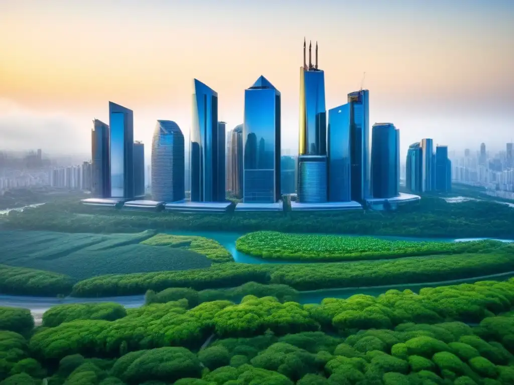 Horizonte sostenible: rascacielos verdes en ciudad moderna Una ciudad moderna con rascacielos ecoamigables rodeados de vegetación, reflejando normativas ambientales en gestión de propiedades internacionales