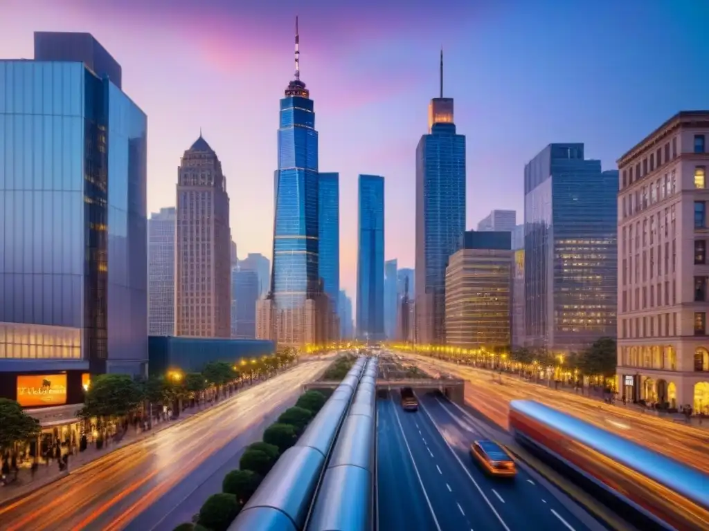 Horizonte urbano al atardecer: fusión de modernidad y tradición Una ciudad moderna al anochecer, con rascacielos y edificios históricos iluminados