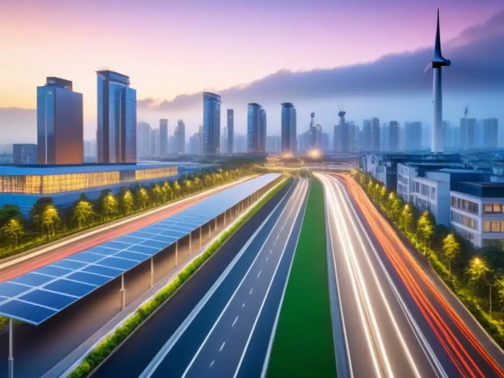 Metrópolis sostenible: fusión urbana y desarrollo verde Una ciudad moderna al anochecer con rascacielos elegantes iluminados de manera eficiente rodeados de áreas verdes y caminos peatonales