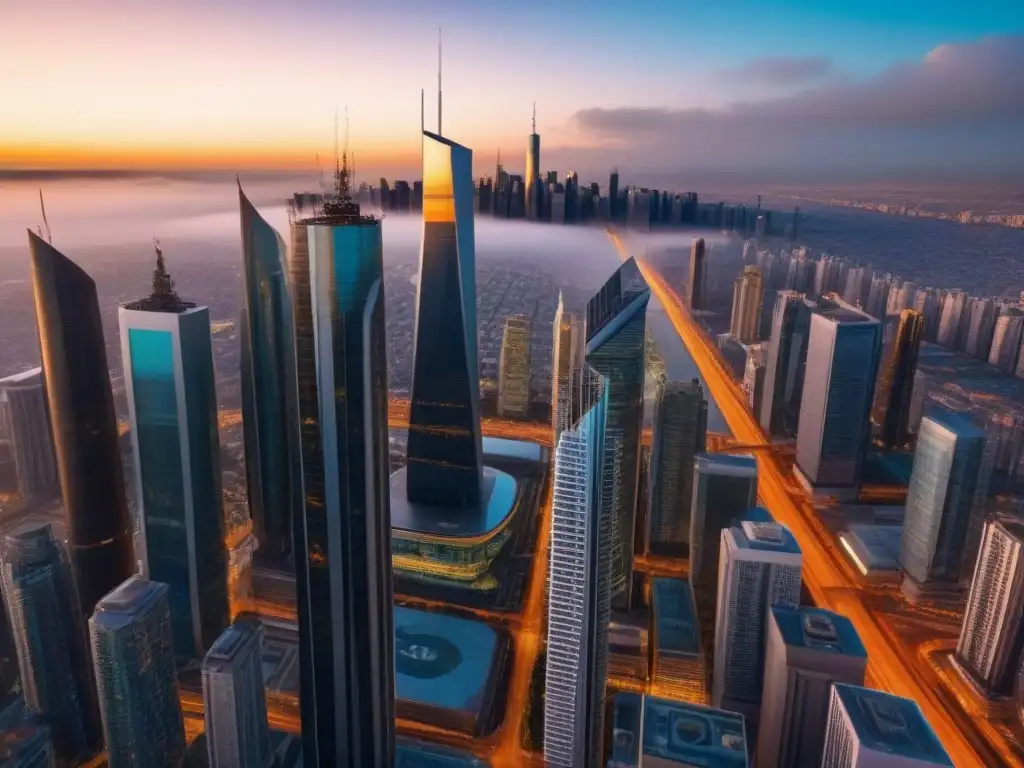 Metrópolis futurista: progreso y conectividad global Una ciudad moderna con rascacielos futuristas, multitudes diversas y sistemas de transporte avanzados bajo la cálida luz del atardecer