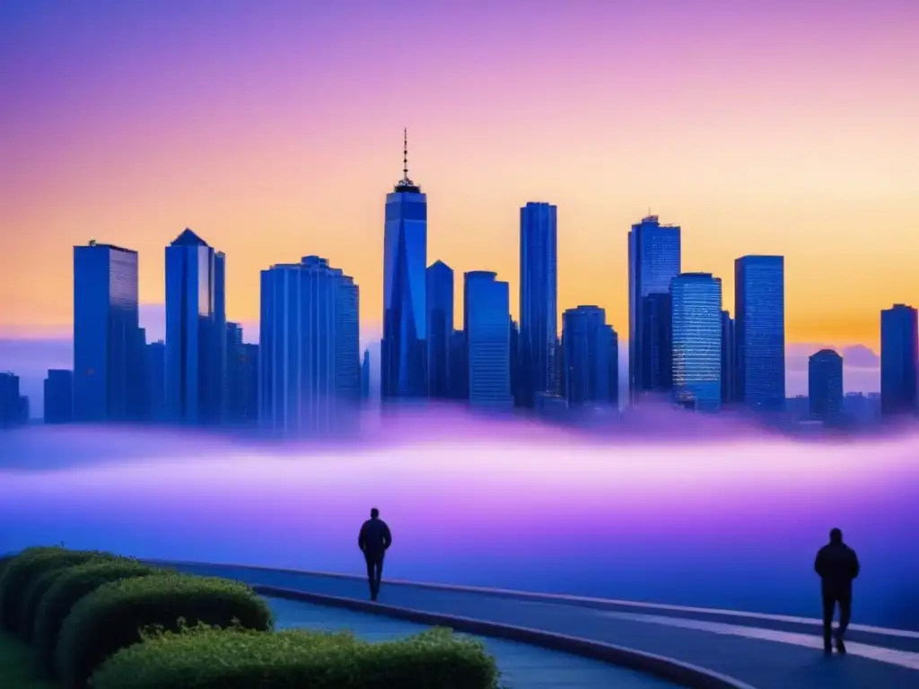 Horizonte urbano al atardecer: luces y movimiento en la ciudad Una ciudad moderna al anochecer, con rascacielos iluminados